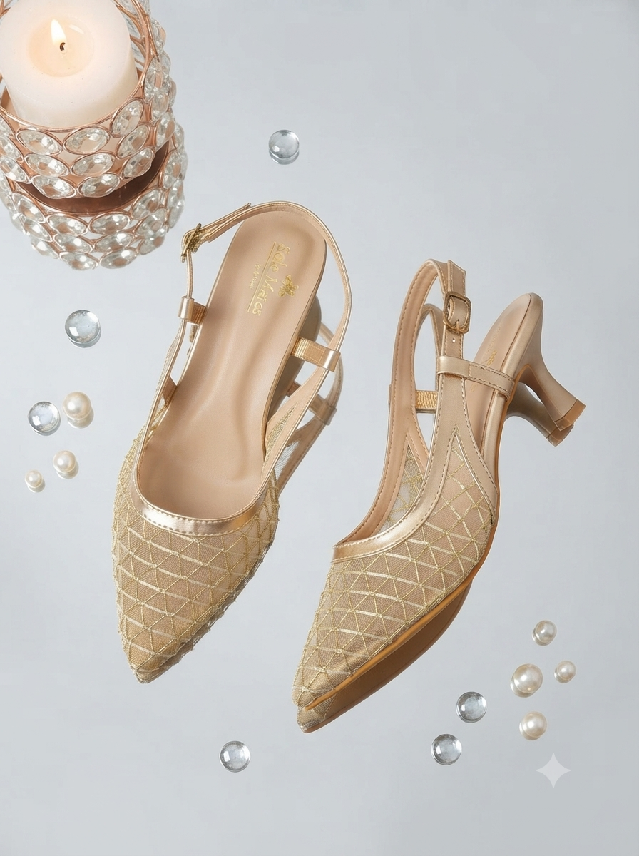 Mesh Gold Sling back heels