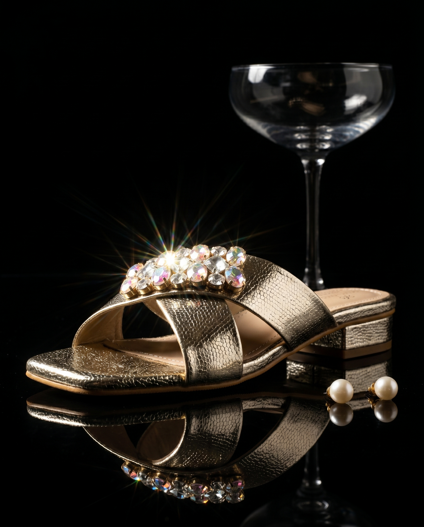 Charolette Gold Sliders on black reflective surface with champagne coupe — gold metallic criss-cross sliders with iridescent crystal embellishment by Solemates by Palak