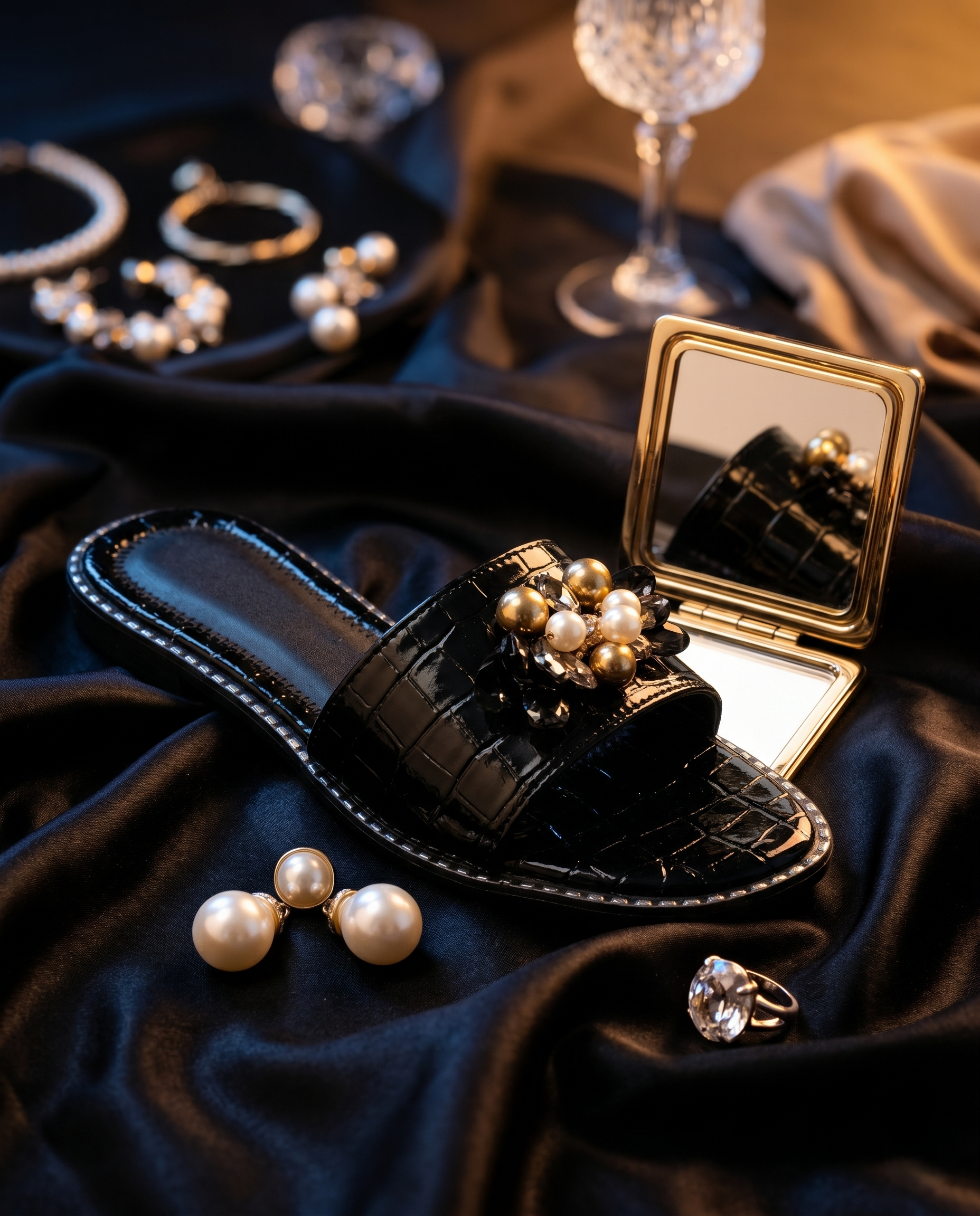 Topaz Black Flat Sliders on black satin with compact mirror and pearl earrings — black croc patent sliders with 3D pearl and crystal floral brooch by Solemates by Palak