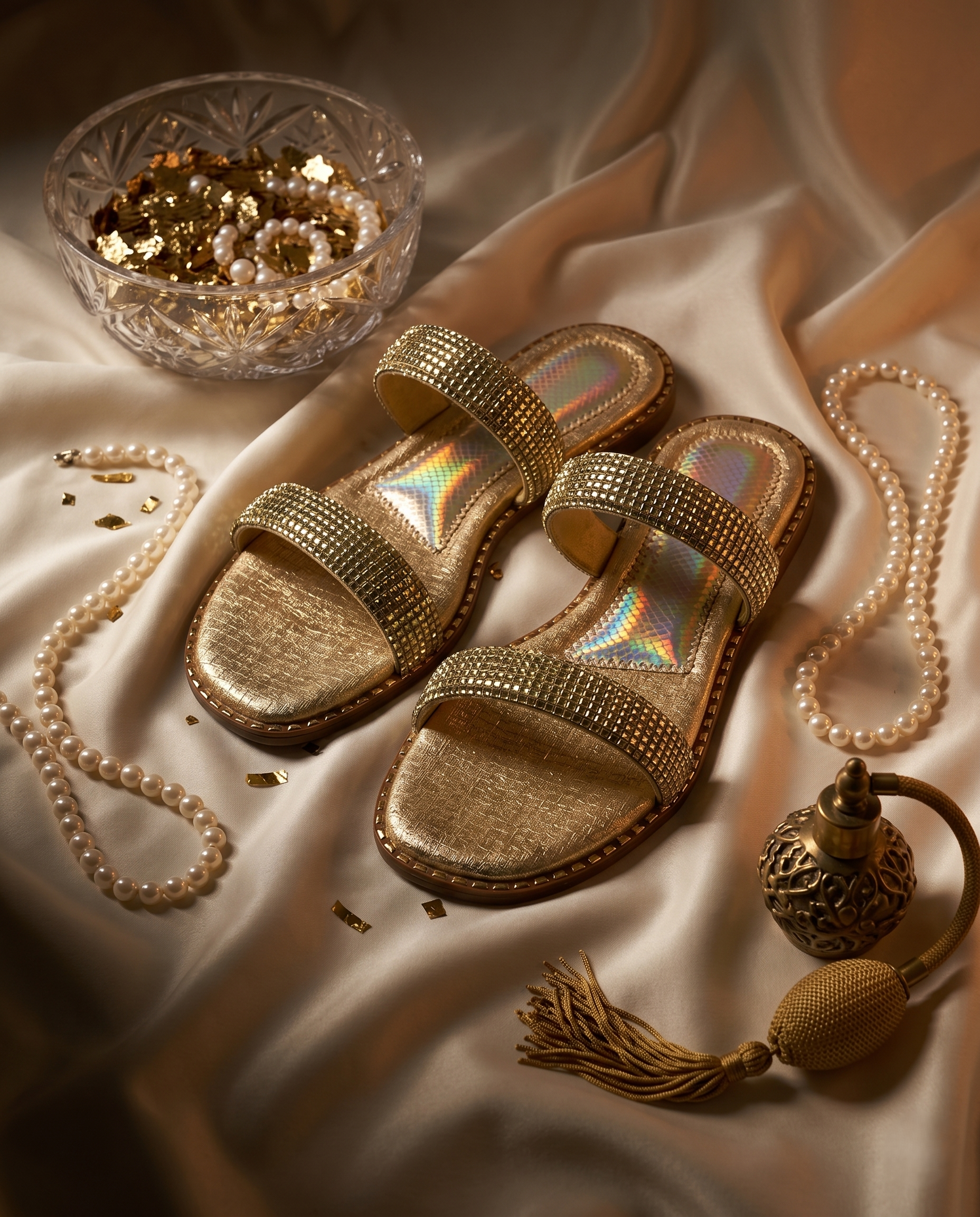 Crystalline Gold Flats pair on cream satin flat lay — gold crystal double strap flat sandals with holographic inner lining by Solemates by Palak, styled with pearl necklace and gold confetti