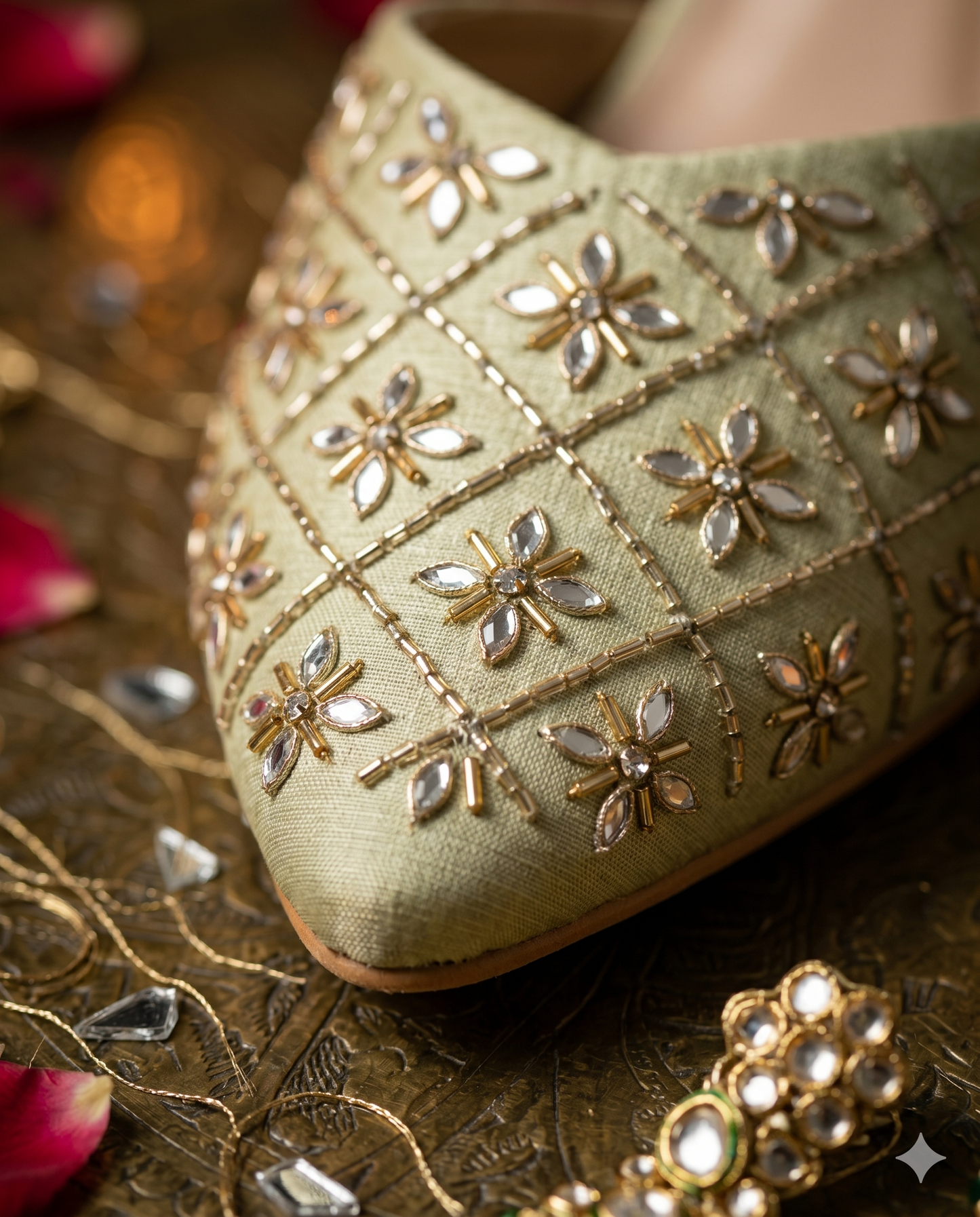 Fire Cracker Heels toe close-up — diamond grid pattern with mirror work floral motifs and gold bugle bead detailing by Solemates by Palak