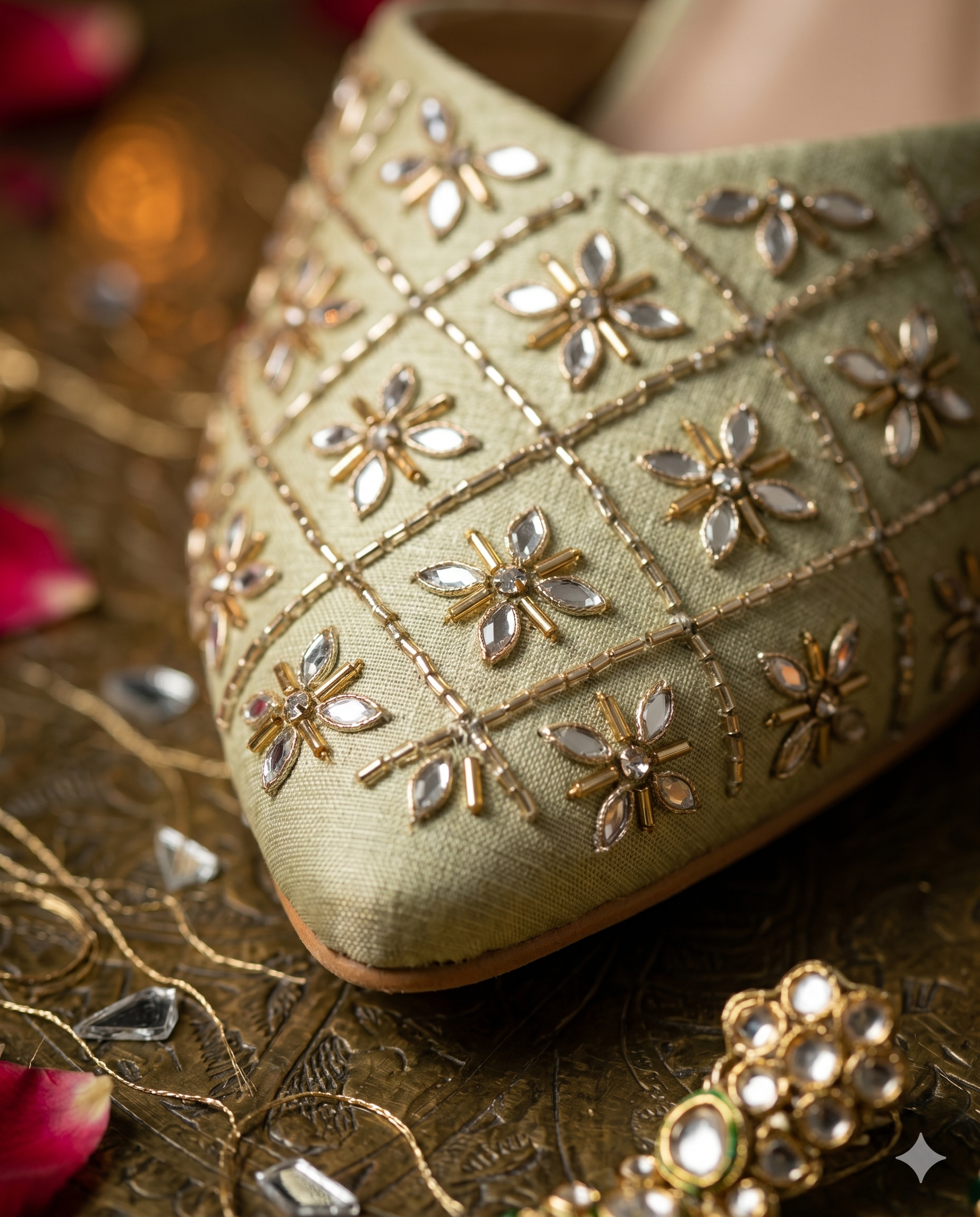 Fire Cracker Heels toe close-up — diamond grid pattern with mirror work floral motifs and gold bugle bead detailing by Solemates by Palak
