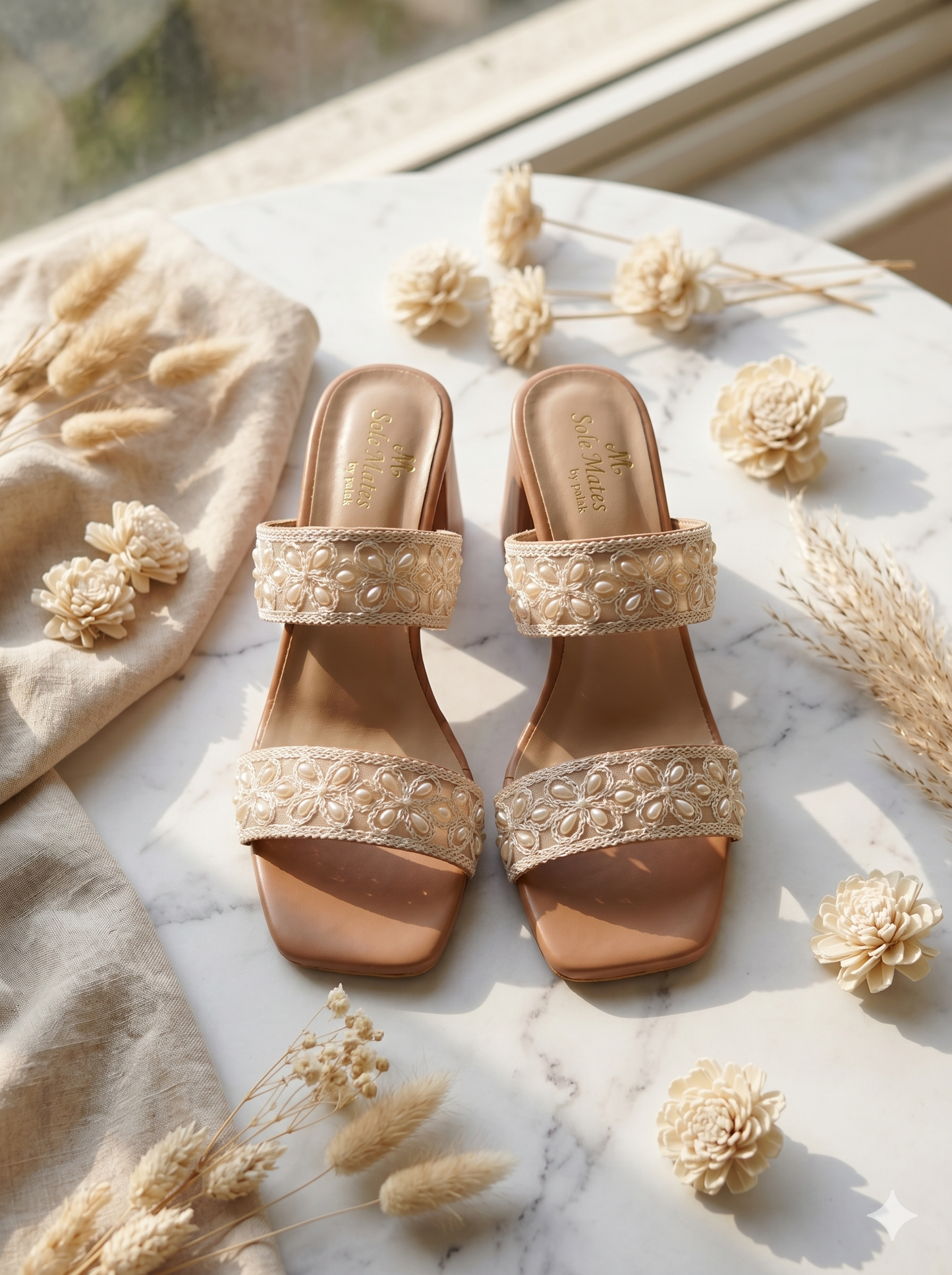 Grace Block Heels top view on marble — double pearl flower strap with lace trim by Solemates by Palak