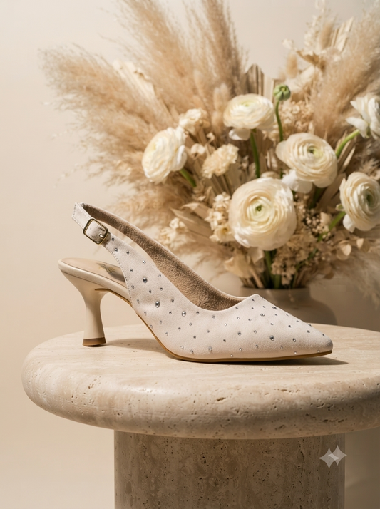 Charm Slingback Heels side profile by Solemates by Palak — ivory pointed-toe slingback with crystal scatter embellishment on stone pedestal