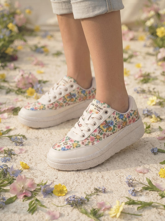 Printed Floral Sneaker — White Chunky Sneaker with Multicolour Ditsy Floral Print | Solemates by Palak