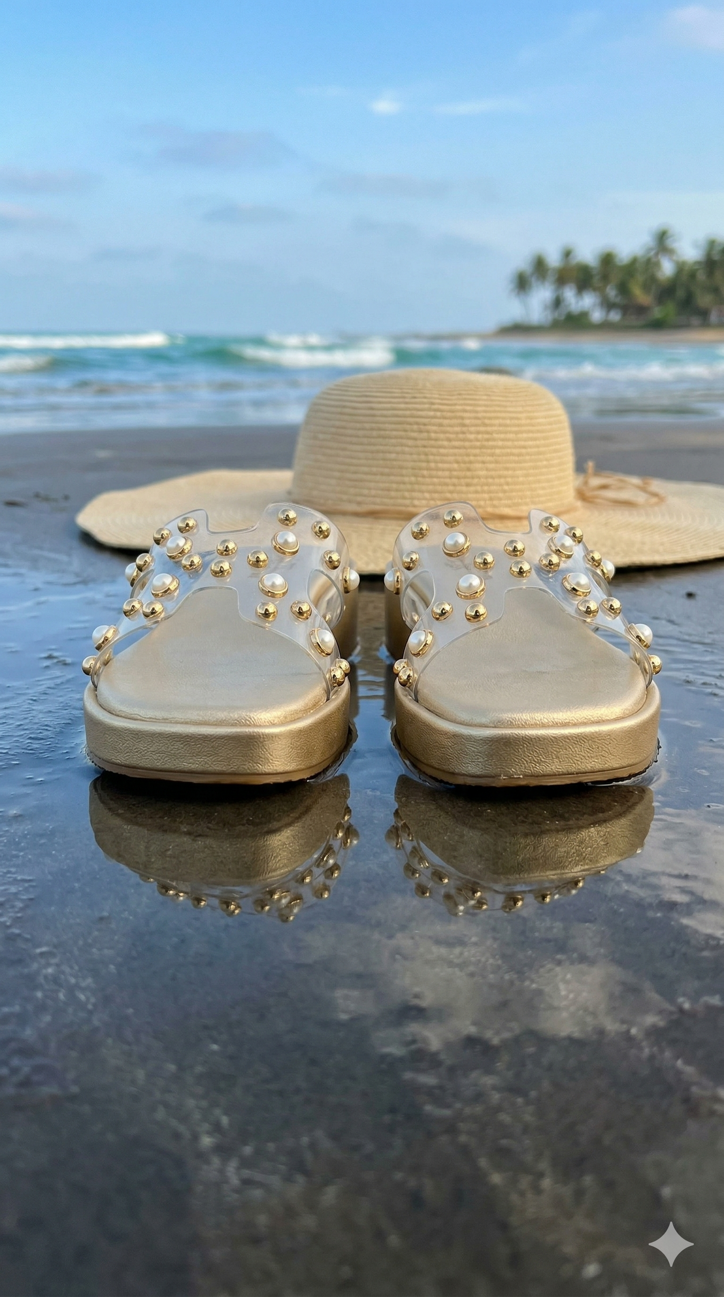 Gold Mist clear strap flatform sliders front view on wet beach with straw hat reflection — pearl and gold embellishments by Solemates by Palak