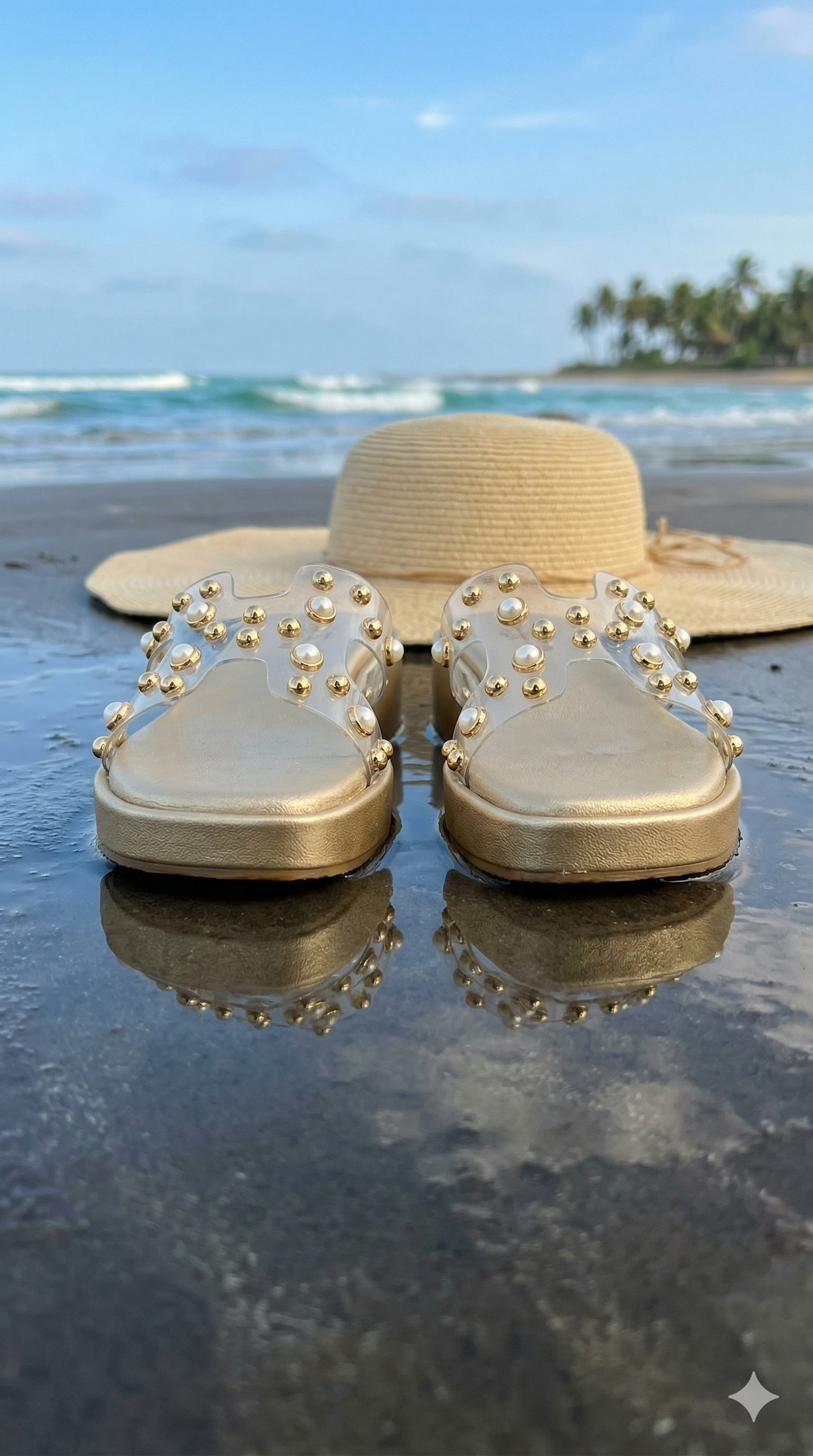 Gold Mist clear strap flatform sliders front view on wet beach with straw hat reflection — pearl and gold embellishments by Solemates by Palak