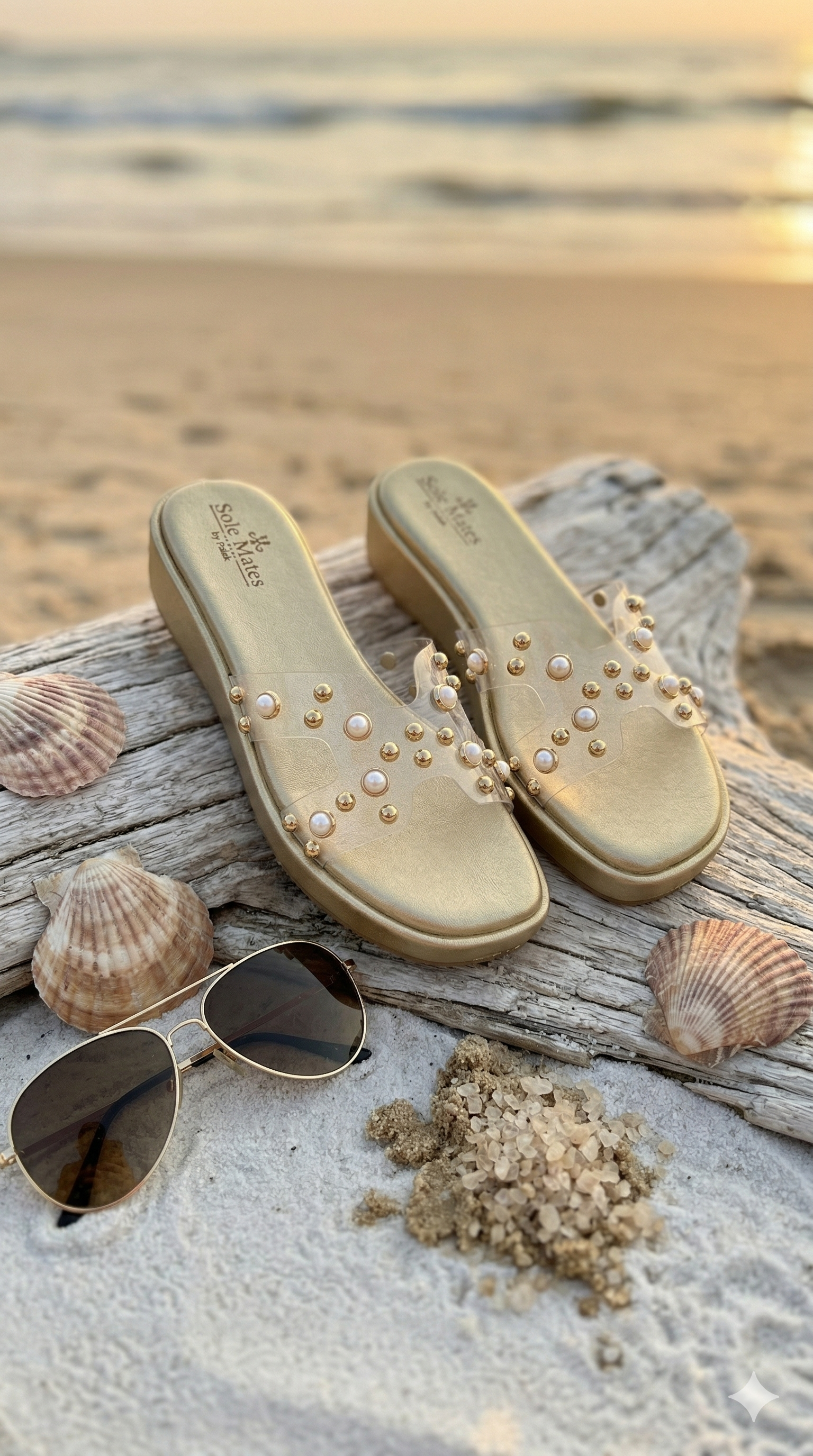 Gold Mist clear strap flatform sliders on driftwood at sunset with seashells and sunglasses — Solemates by palak