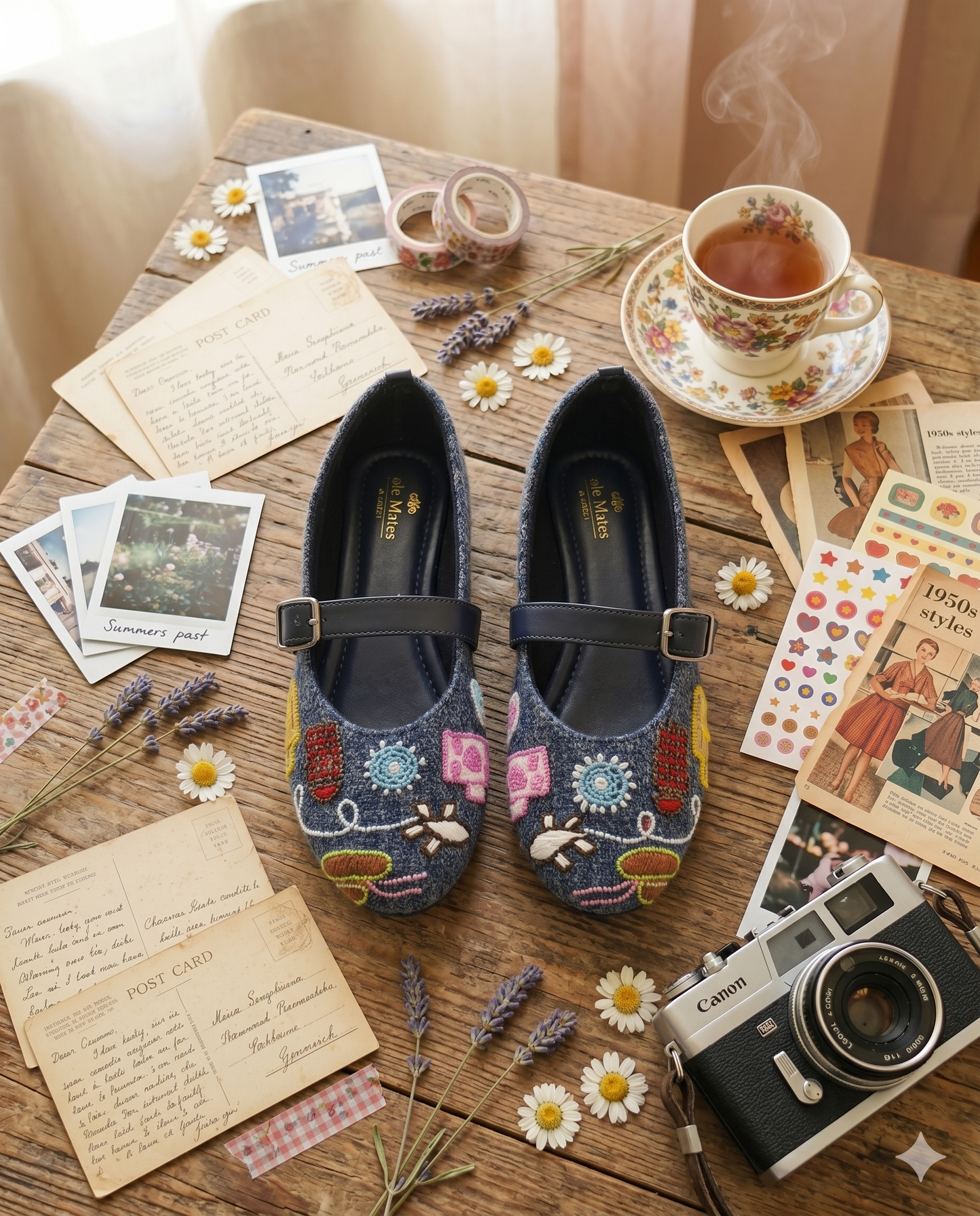 Wanderlust Retro Embroidered Mary Jane Flats top view — navy fabric with mushroom, bee and sunflower bead embellishments, Solemates by Palak branded insole