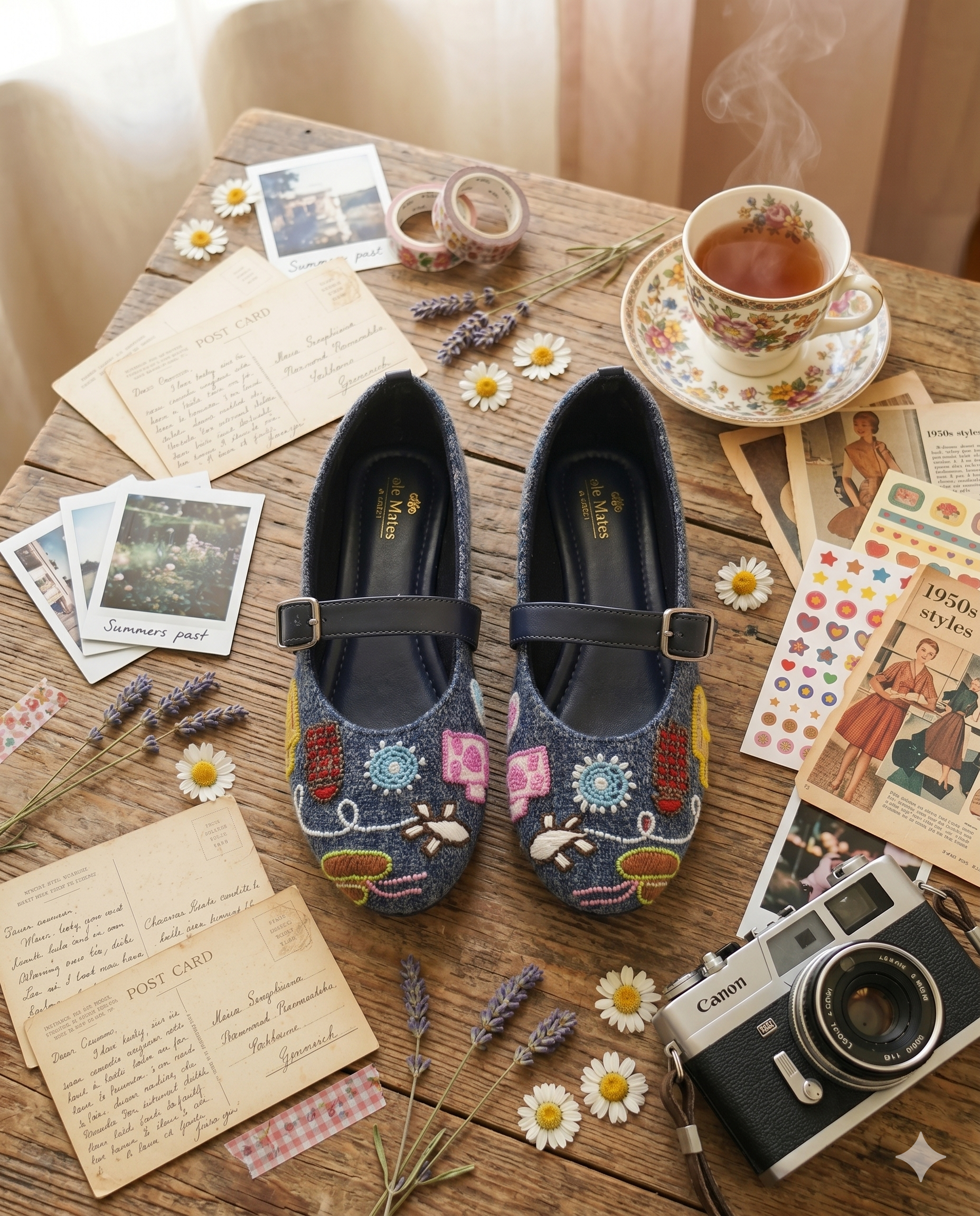 Wanderlust Retro Embroidered Mary Jane Flats top view — navy fabric with mushroom, bee and sunflower bead embellishments, Solemates by Palak branded insole