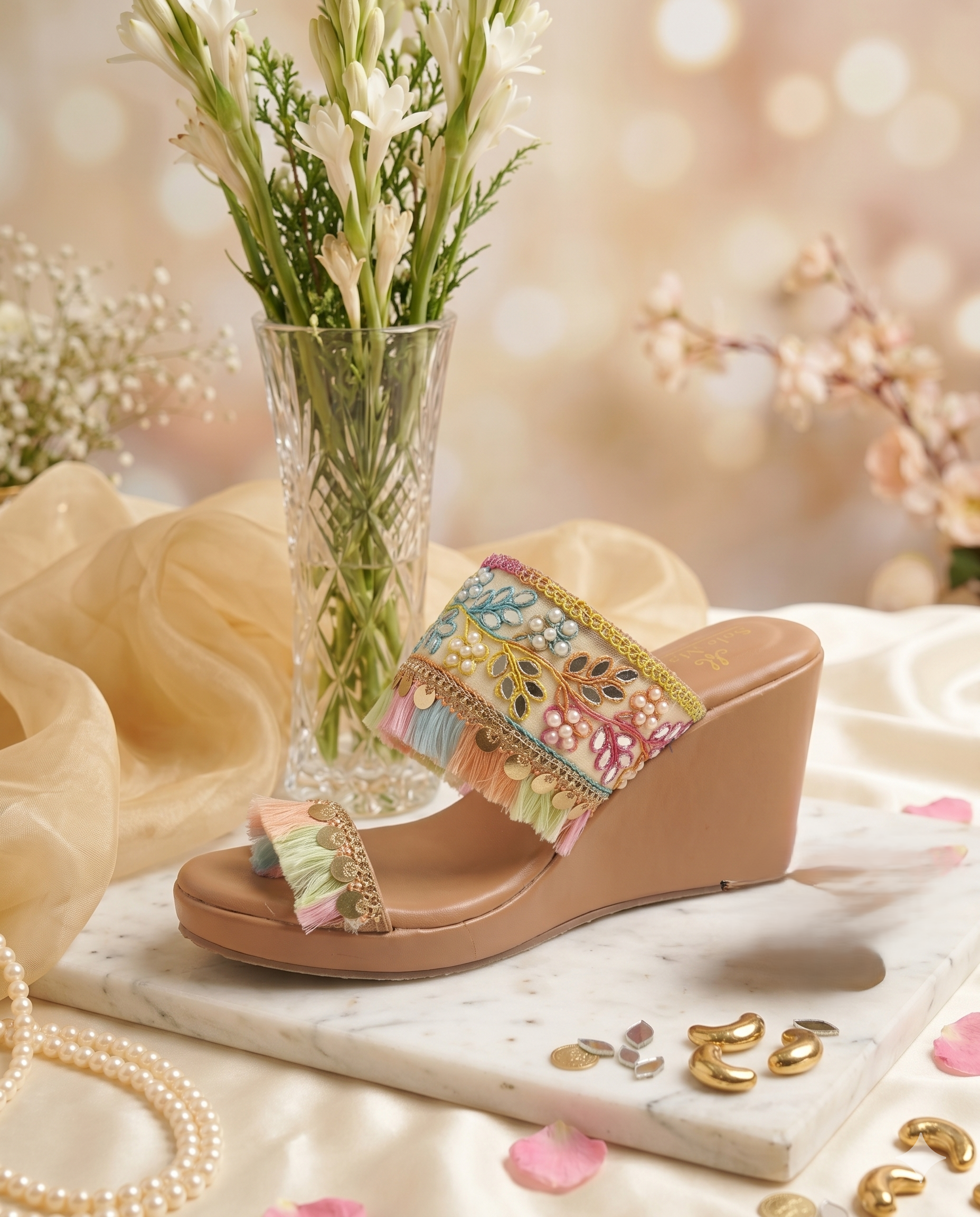 Gypsey Kohla Heels by Solemates by Palak on marble — tan wedge sandal with multicolour floral embroidery, mirror work, pearls and coin tassel danglers, crystal vase backdrop