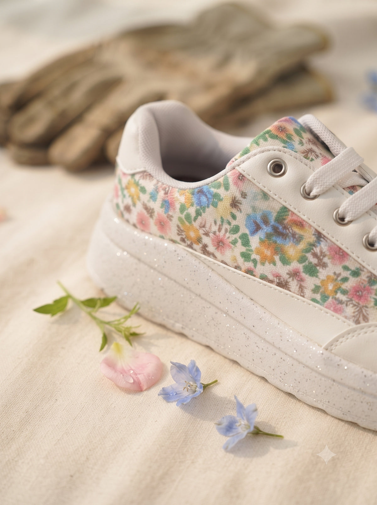 Printed Floral Sneaker — White Chunky Sneaker with Multicolour Ditsy Floral Print | Solemates by Palak