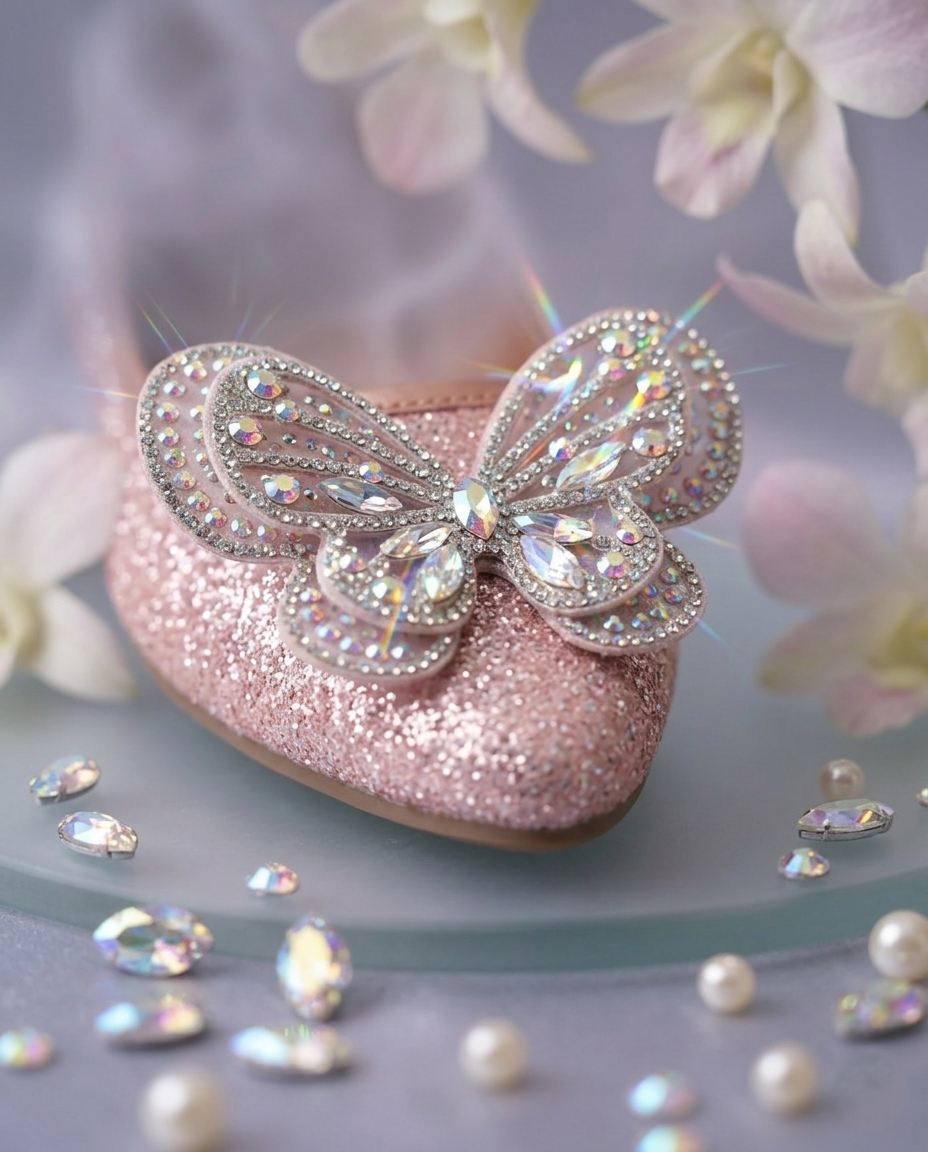 Aurora Flutter Ballerina — Rose Gold Glitter Crystal Butterfly Flats | Solemates by Palak