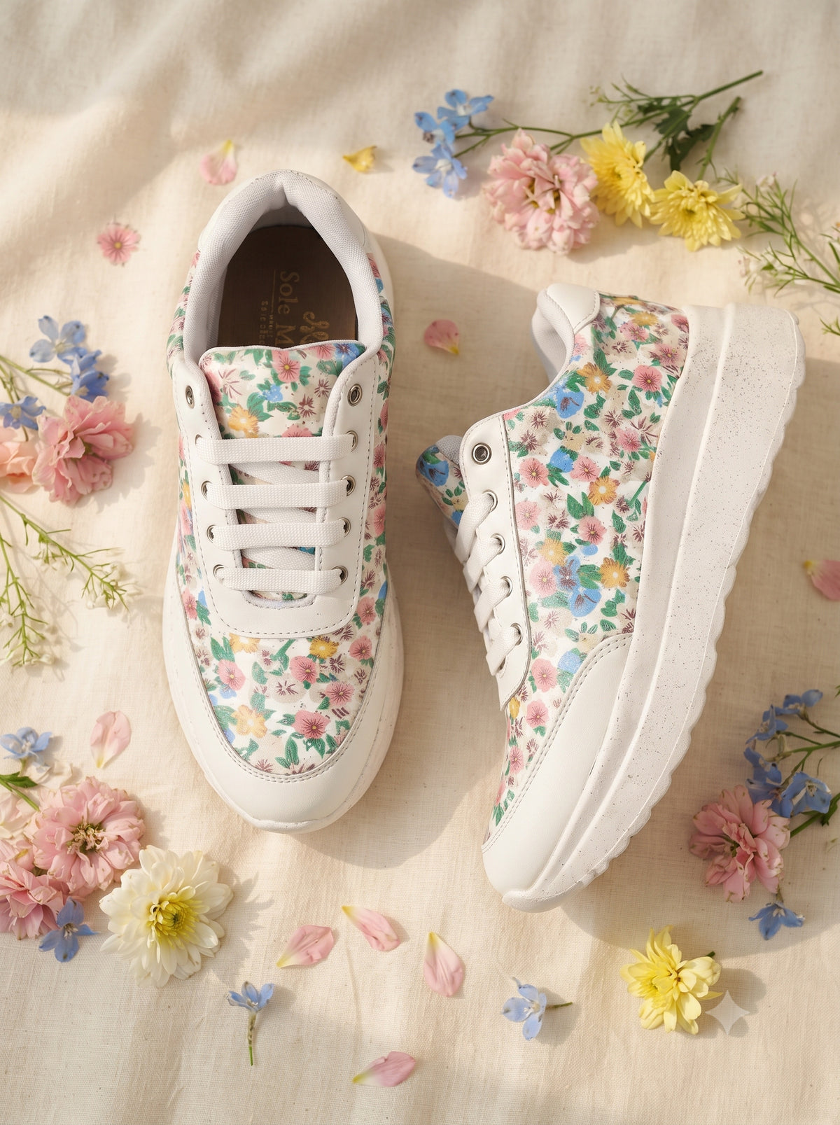 Printed Floral Sneaker — White Chunky Sneaker with Multicolour Ditsy Floral Print | Solemates by Palak