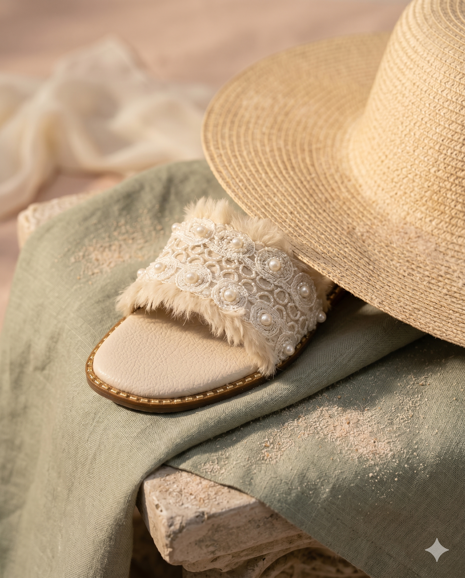 Furry Ivory slider by Solemates by Palak on sage linen fabric — ivory fur strap with cream crochet lace appliqué and white pearl embellishment, styled with straw hat