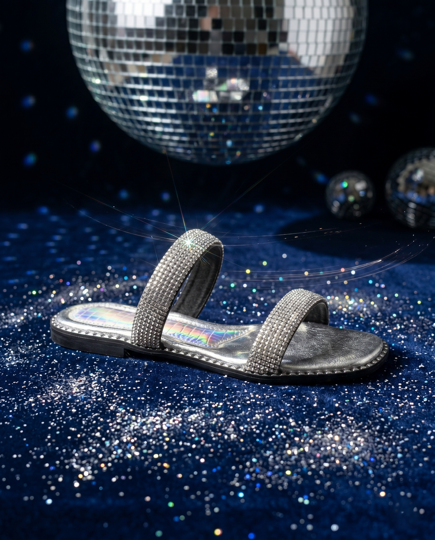 Crystalline Silver Flats — Textured PU Double Strap Sliders | Solemates by Palak
