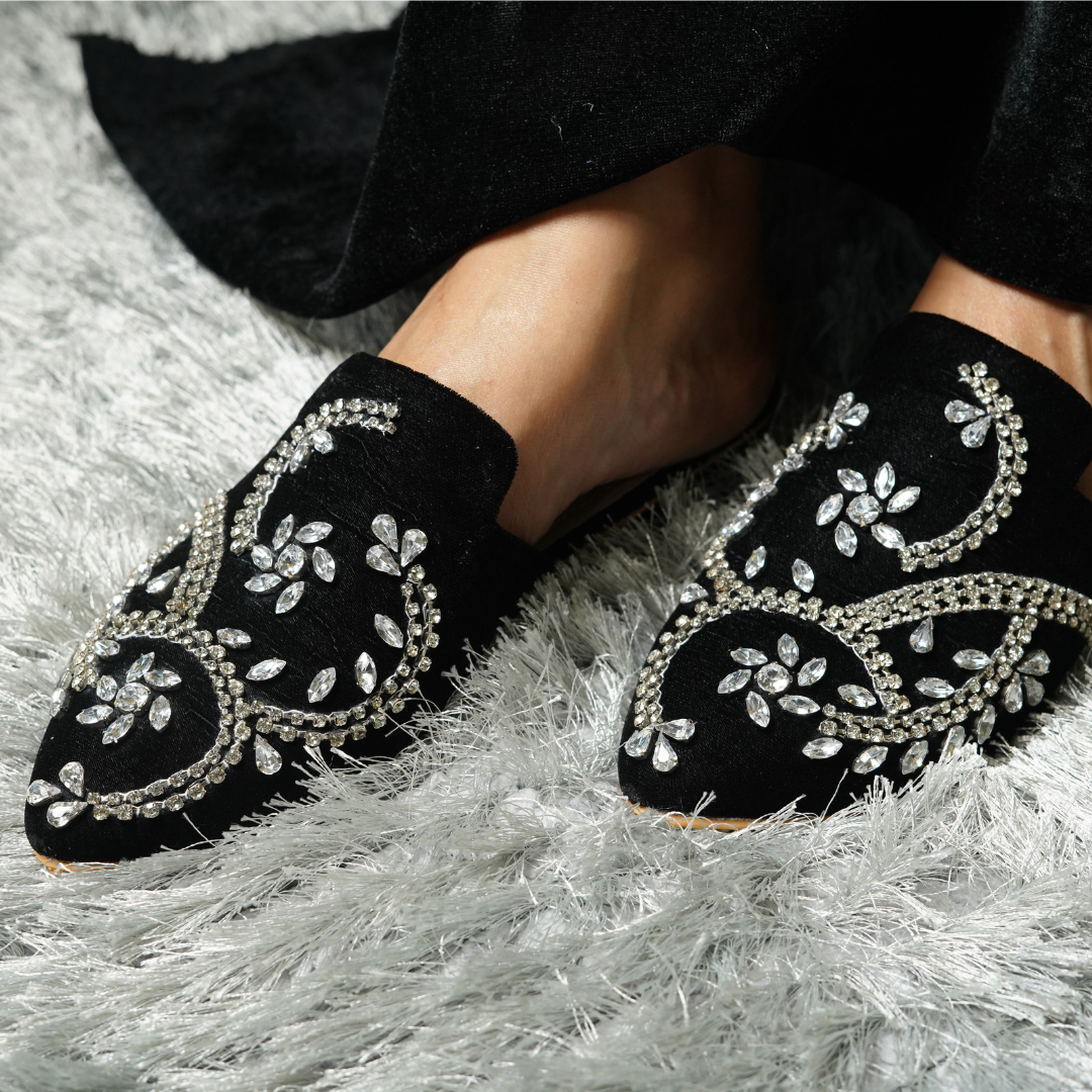 Crystalline Black Mules