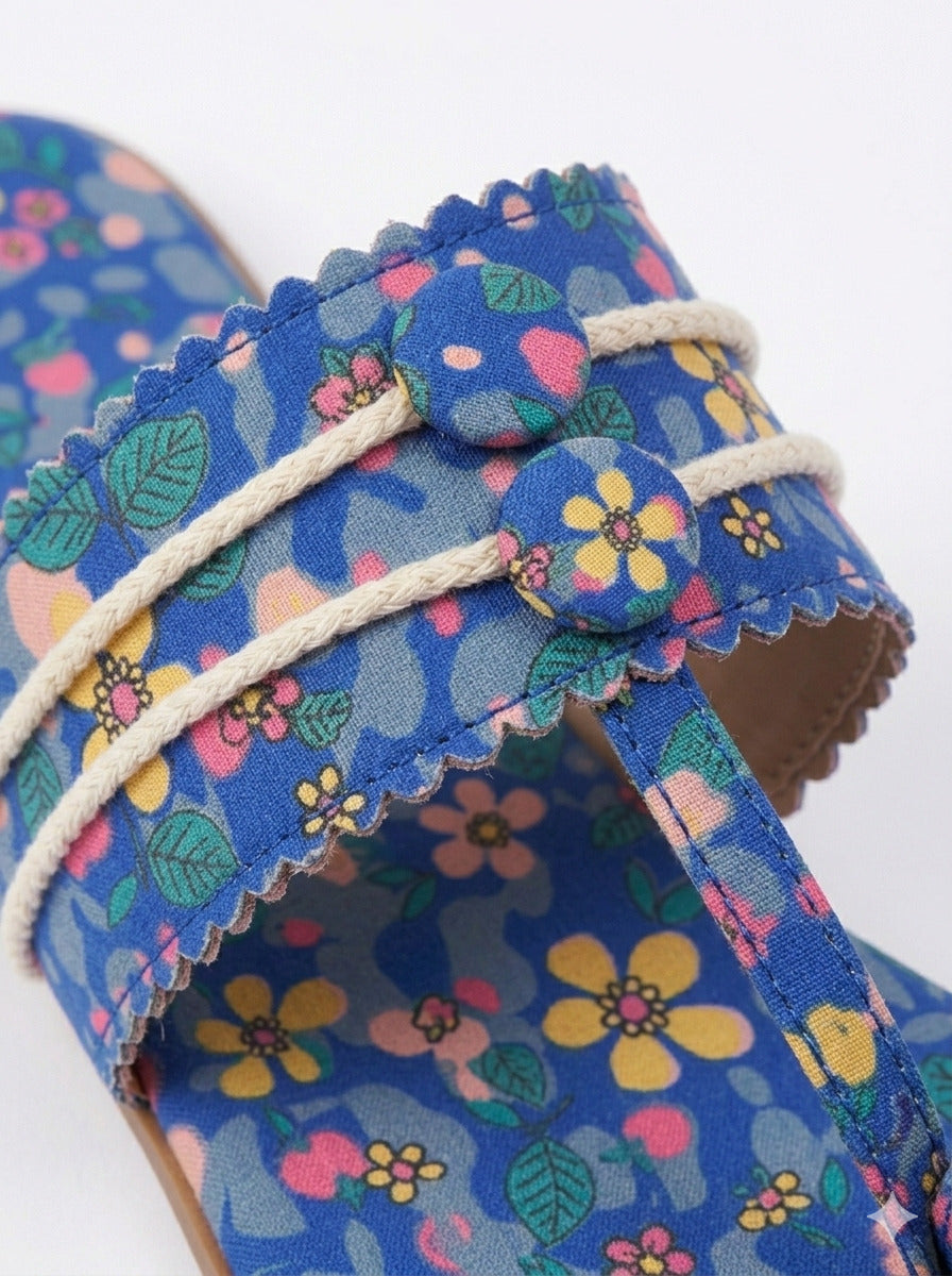 Blue Lagoon Kolhapuri Flats strap close-up — fabric-covered circular button with white rope cord and scalloped edge trim on royal blue floral print by Solemates by Palak