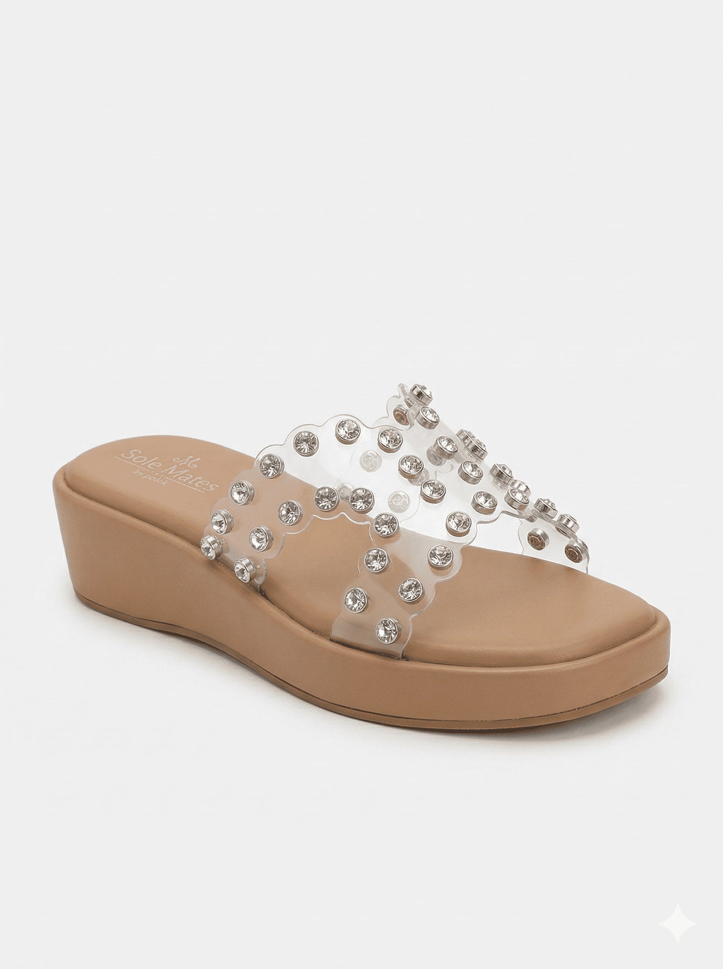 Glass Glow transparent scalloped clear strap sliders top view — 
silver crystal embellished by Solemates by Palak