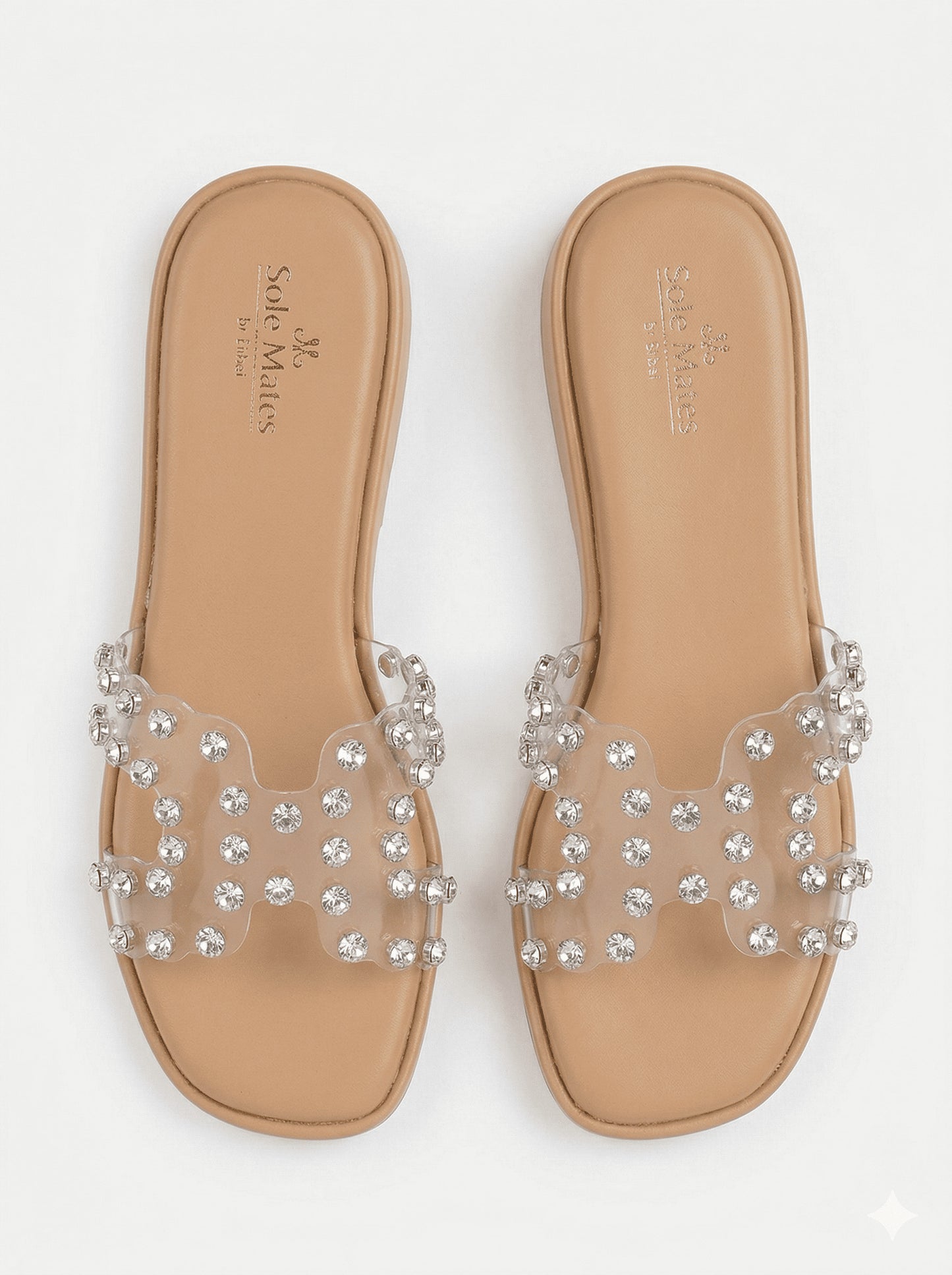 Glass Glow crystal clear strap sliders worn on beach — transparent wedge sliders with silver crystals by Solemates by Palak