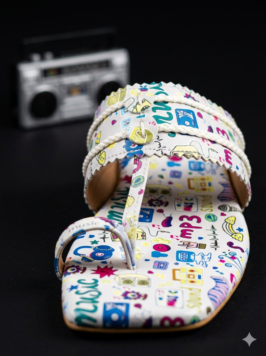 Melophile Kolhapuri Flats toe detail with boombox in background — white music doodle print with rope cord and scalloped strap by Solemates by Palak