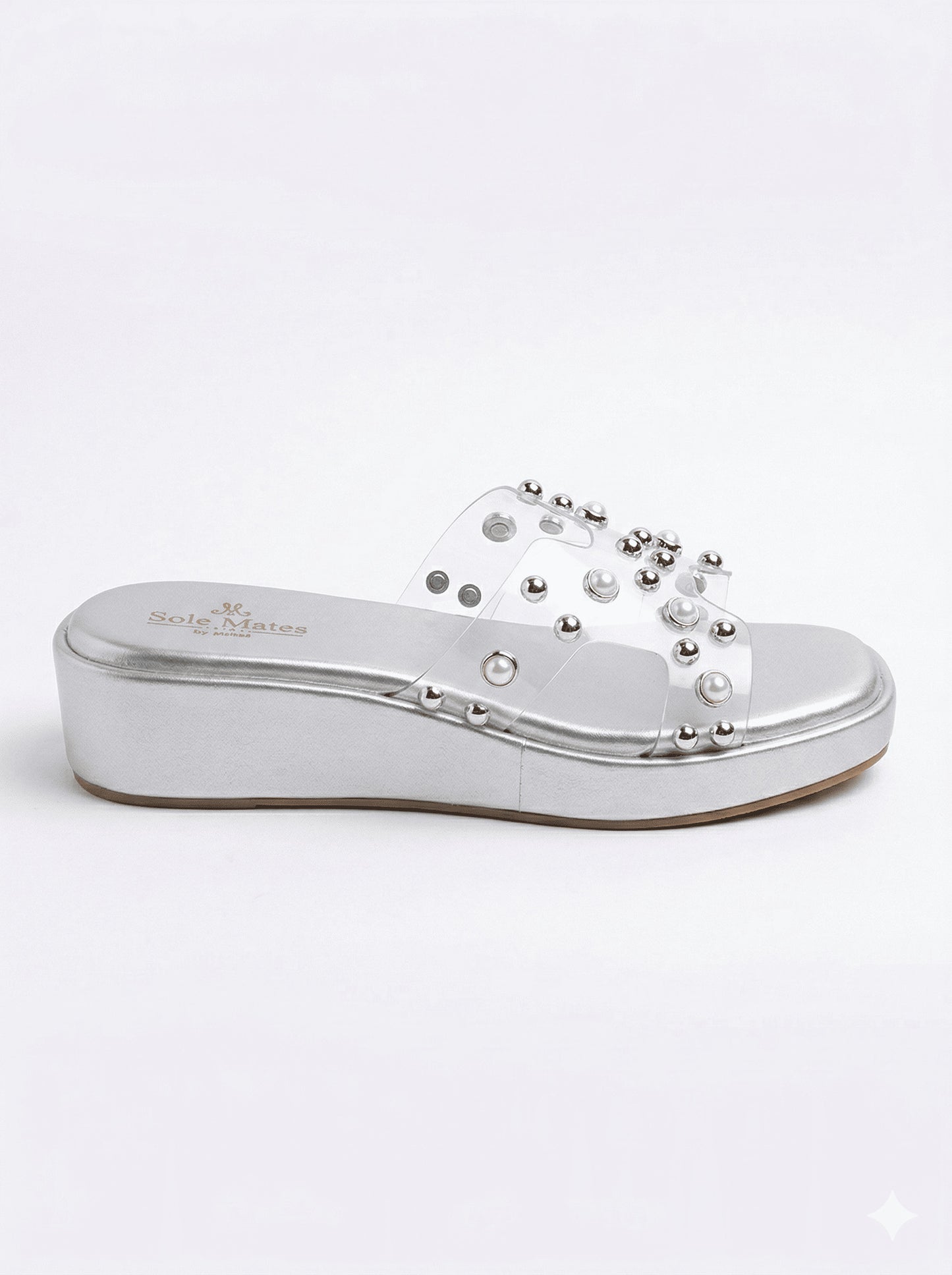 Silver Mist clear strap flatform sliders side view — pearl and silver ball embellishments on metallic silver sole by Solemates by Palak