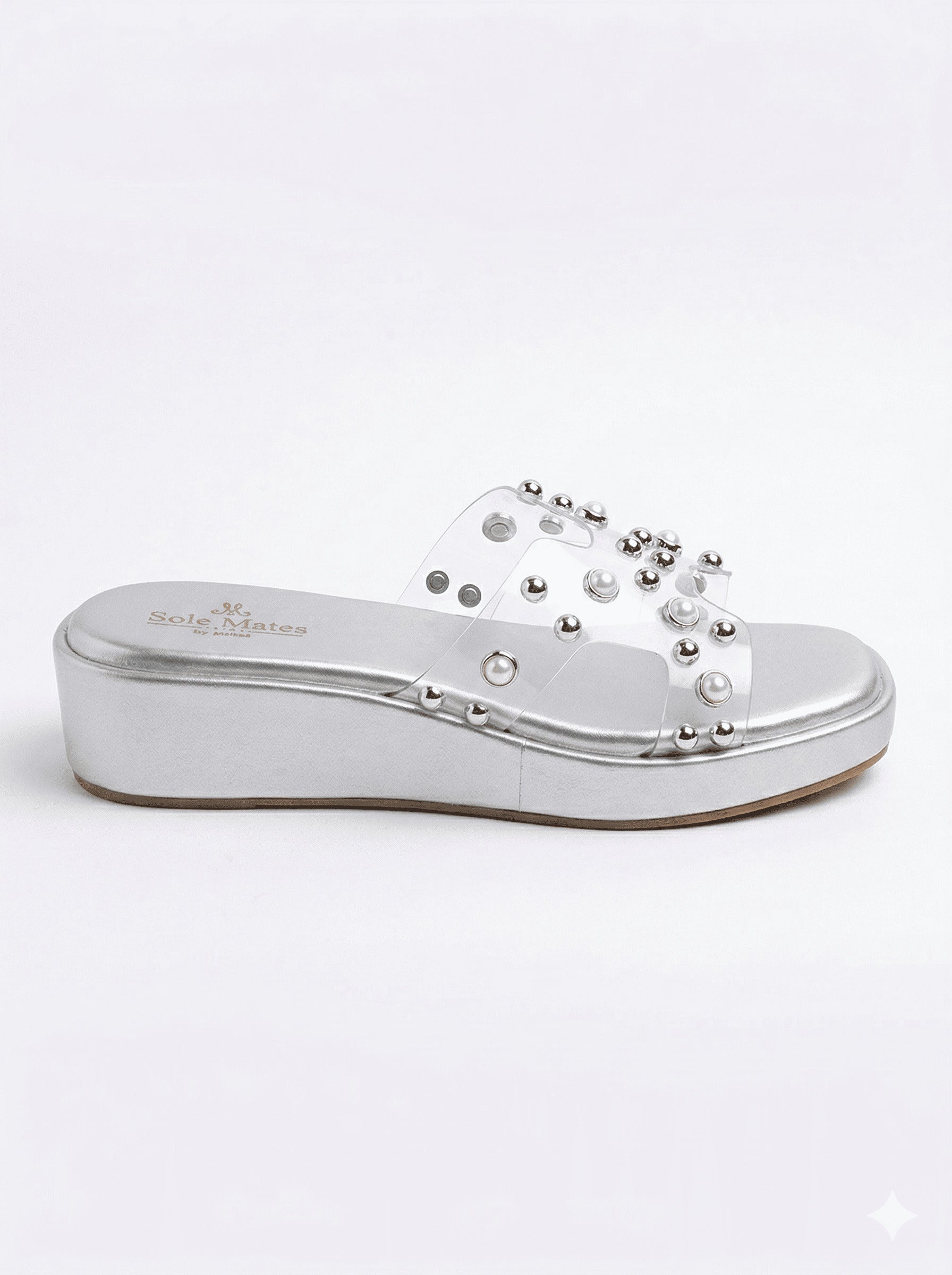 Silver Mist clear strap flatform sliders side view — pearl and silver ball embellishments on metallic silver sole by Solemates by Palak