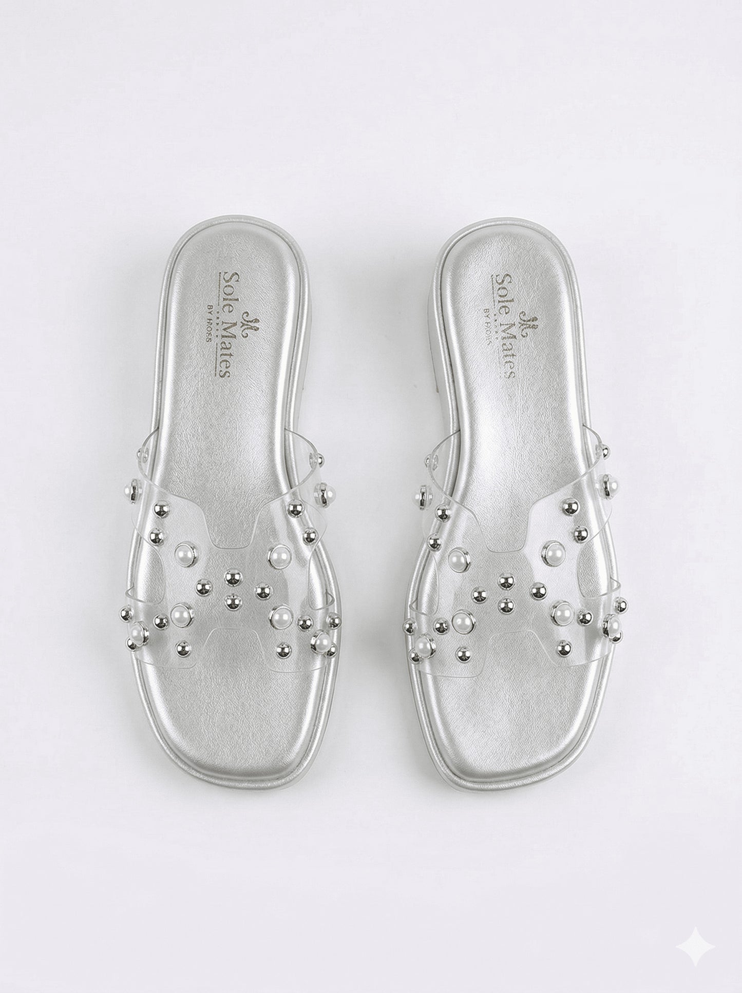 Silver Mist clear strap flatform sliders top view — transparent strap with mixed pearl and silver ball embellishments by Solemates by Palak