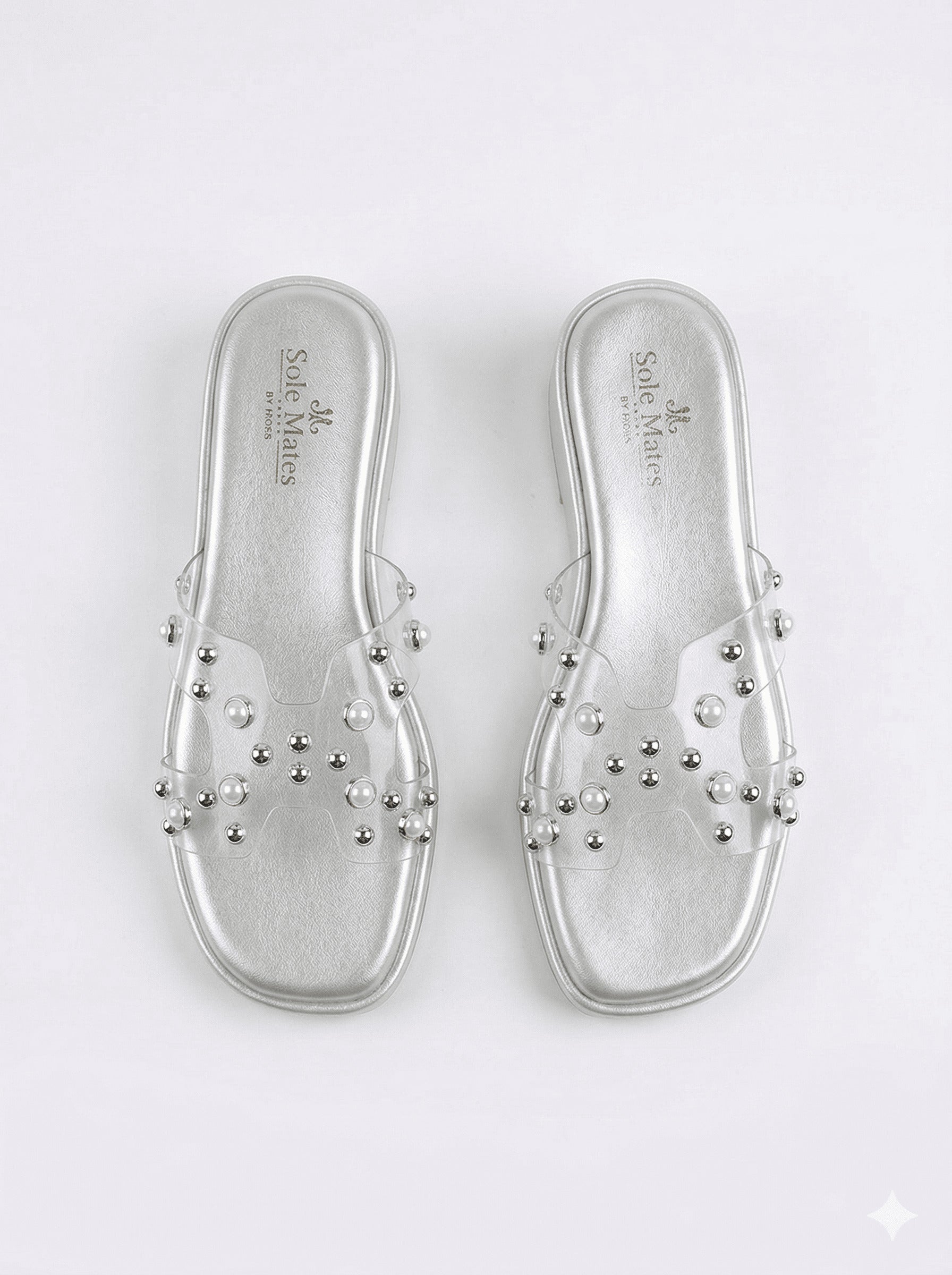 Silver Mist clear strap flatform sliders top view — transparent strap with mixed pearl and silver ball embellishments by Solemates by Palak